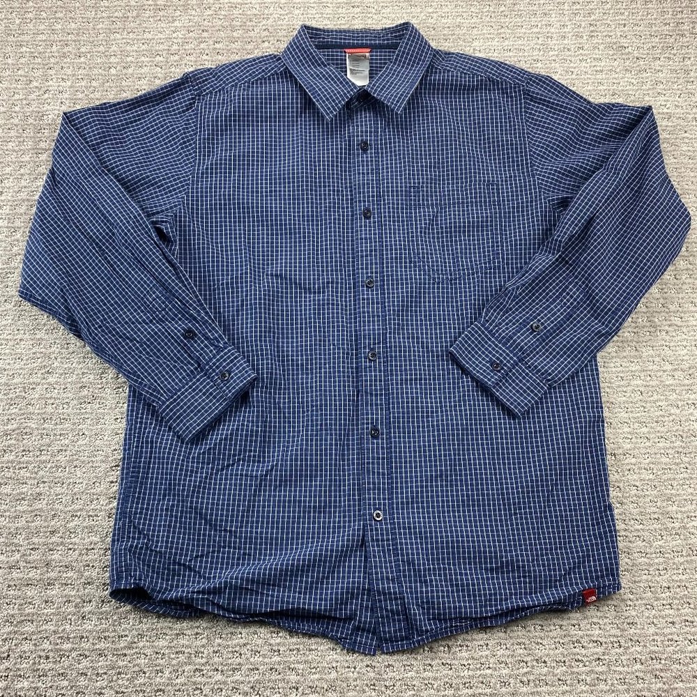 North Face Shirt Men Large L Blue White Checkered Button Up Long Sleeve Outdoor